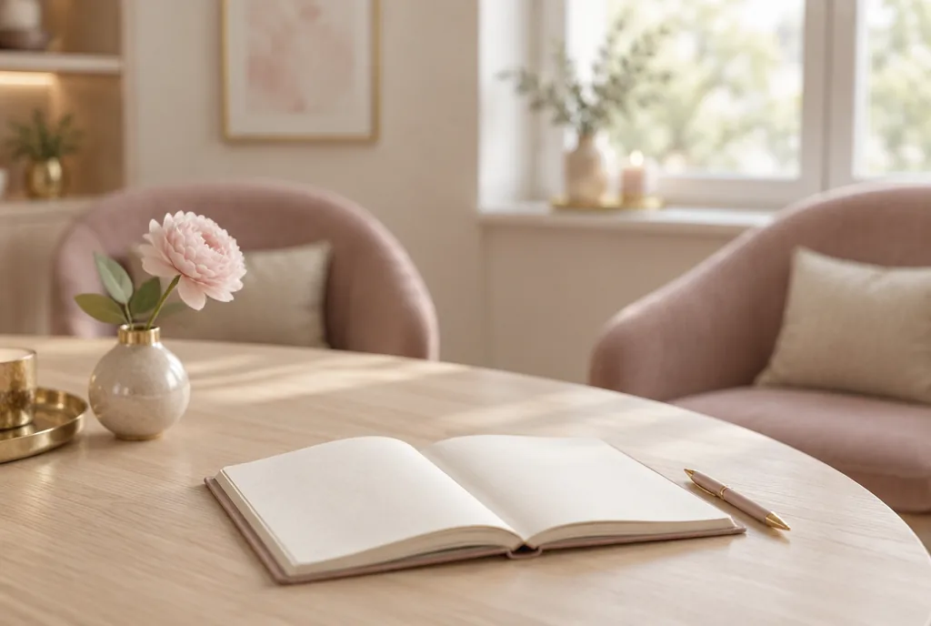 Rincón de valoración de un centro estético: mesa de madera clara con un cuaderno abierto, un bolígrafo y una flor rosa en un jarrón pequeño.