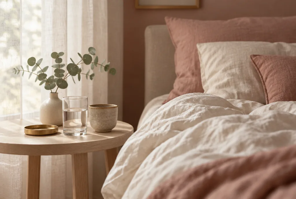 Rincón de dormitorio preparado para el reposo: ropa de cama de lino crema, un vaso de agua y una rama de eucalipto sobre una mesa de madera clara.